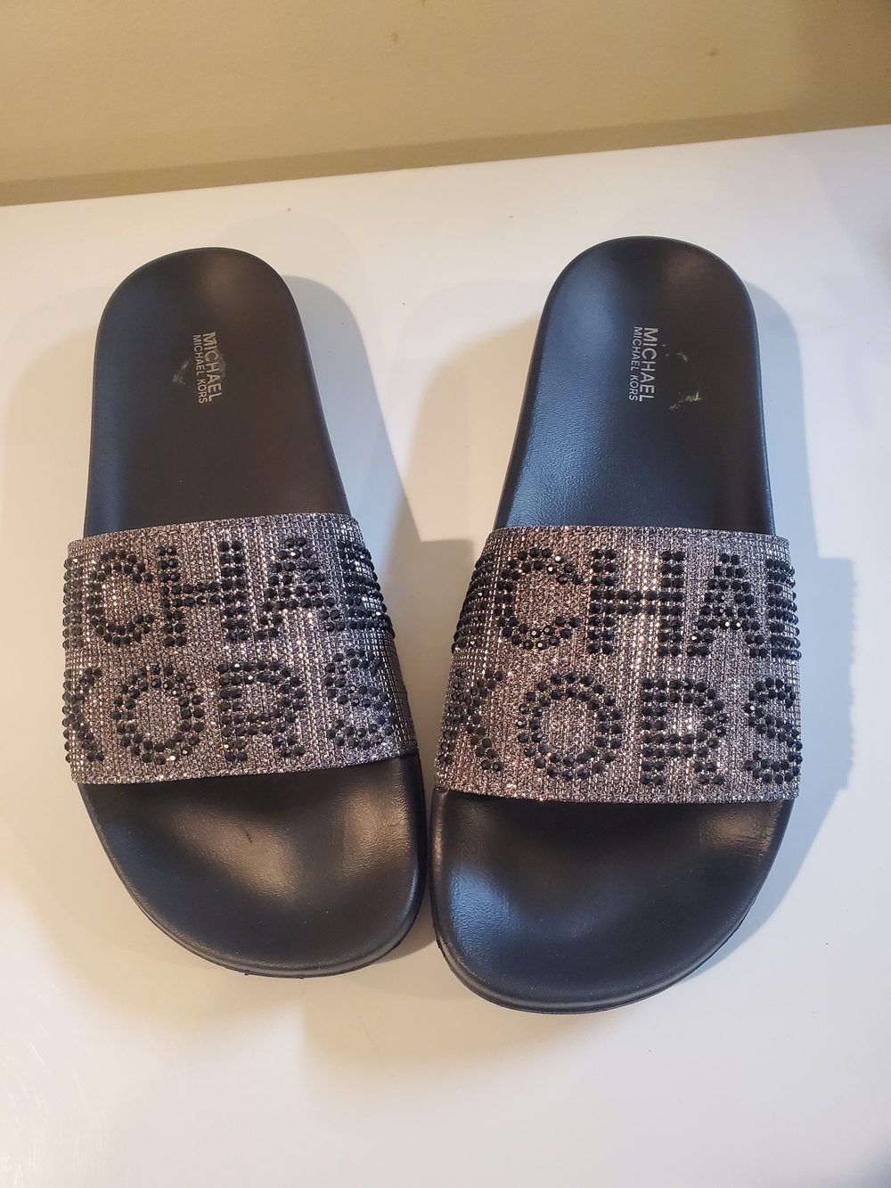Michael Kors Black Slide Sandals with Silver Beaded Logo Strap